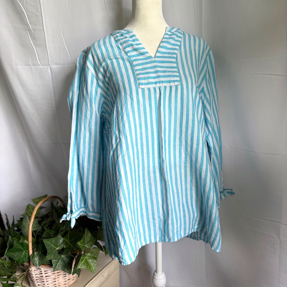 Nautical Kim Rogers Blue White Striped Linen Blend Tunic Top‎ Large 3/4 Sleeve